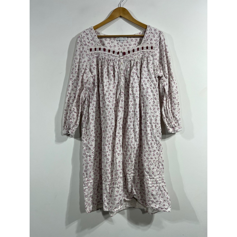 Eileen West Cottagecore Floral Cotton Flannel Nightgown Lace Trim Large Prairie